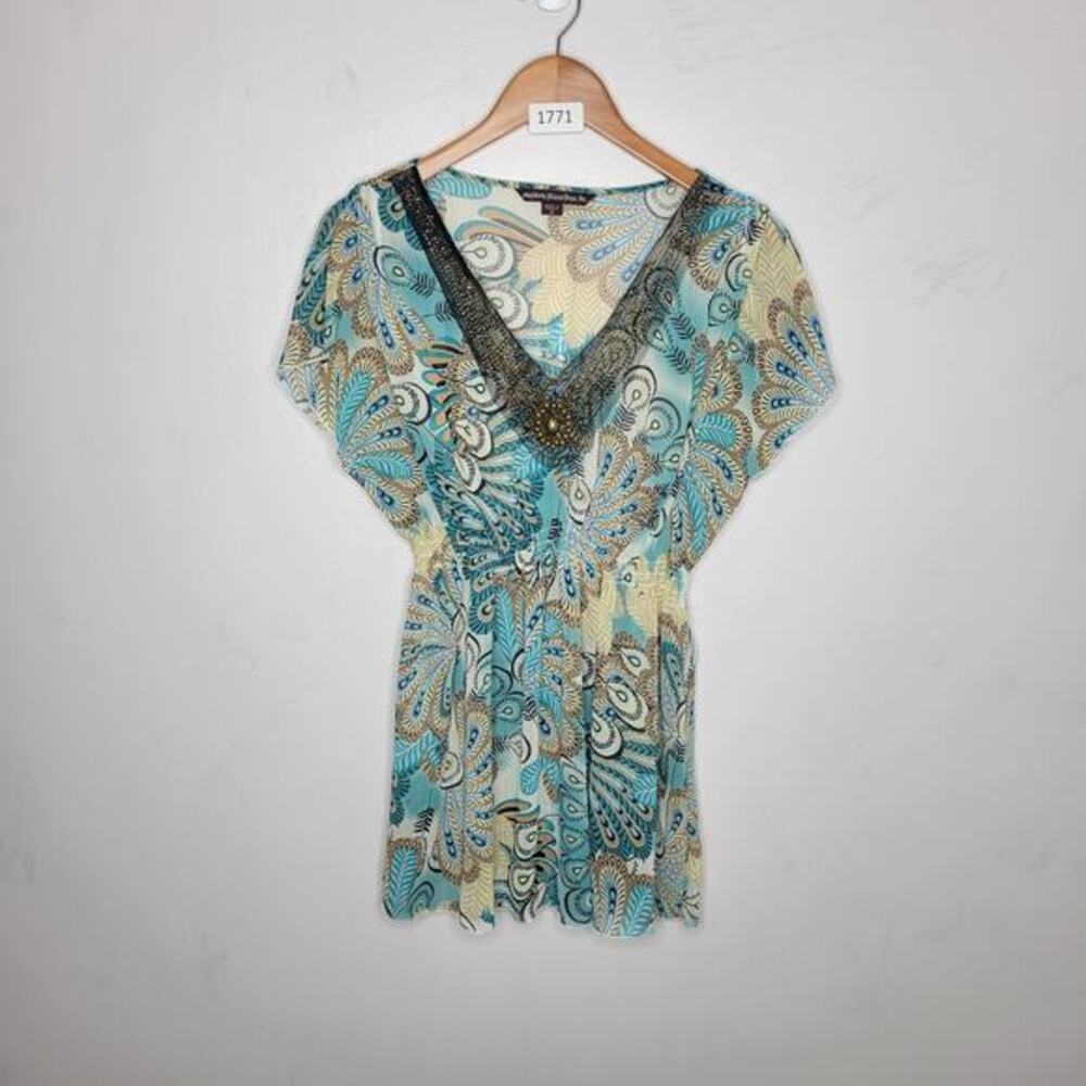 Mushka by Sienna Rose Top Size XL Jeweled Beaded Boho Sheer Colorful Peacock